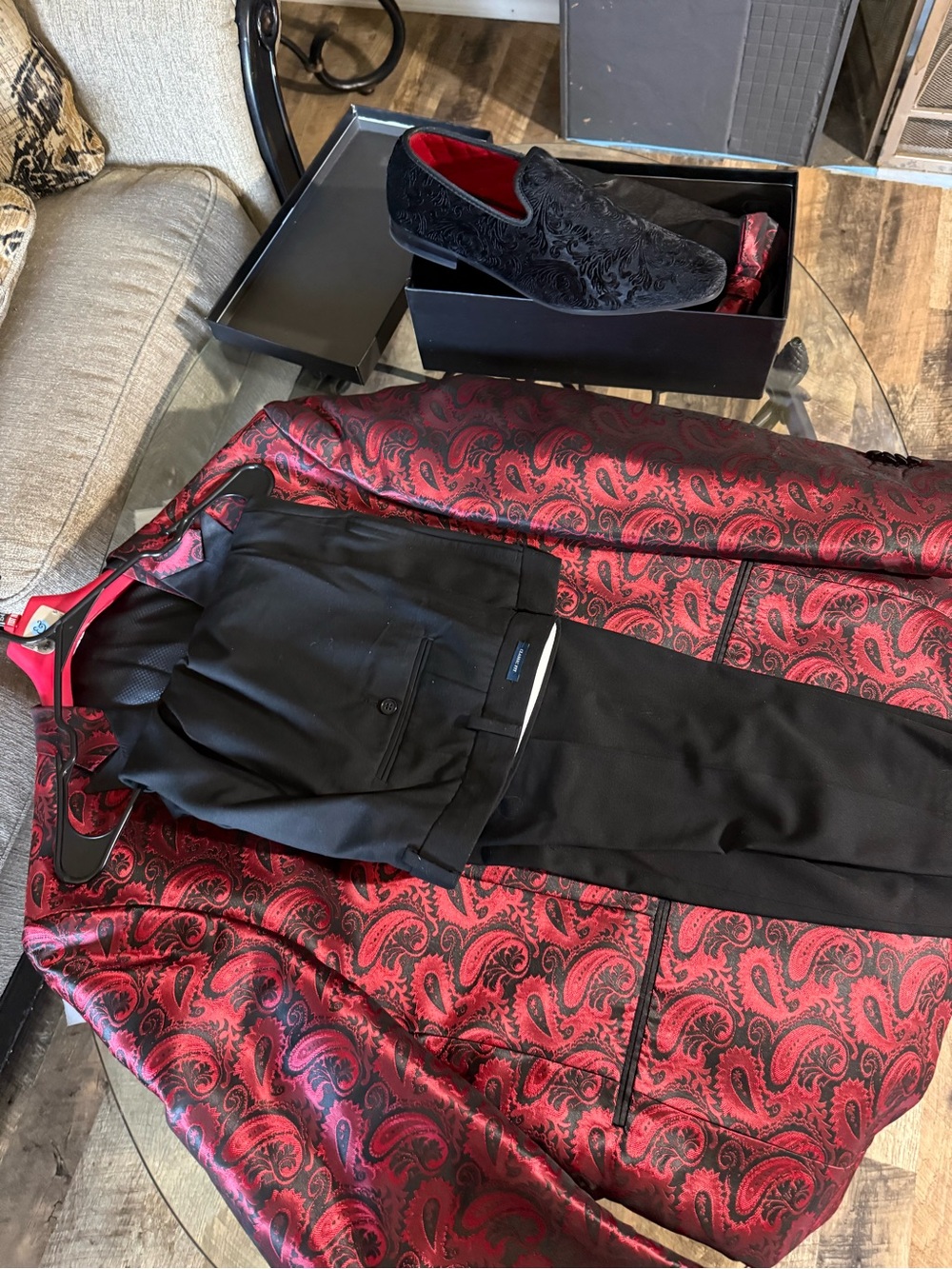 Red Paisley Lined Blazer with Black Suit Pants. Complete prom or wedding look!